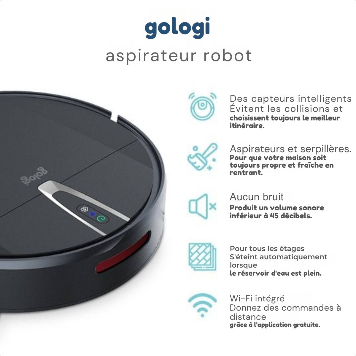 Aspirateur robot Gologi - avec fonction balayage - Automatique - contrôlable par application - Avec station de charge - Aspirateur robot sans fil - 45DB - Noir