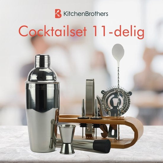 KitchenBrothers Set à cocktail avec shaker - 11 pièces - Set complet - Emballage cadeau - Bois naturel