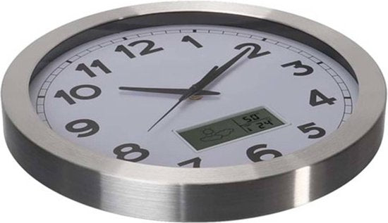 Perel Horloge murale, ronde, analogique, 35 cm, écran LCD avec thermomètre, hygromètre et prévisions météorologiques, aluminium, argent