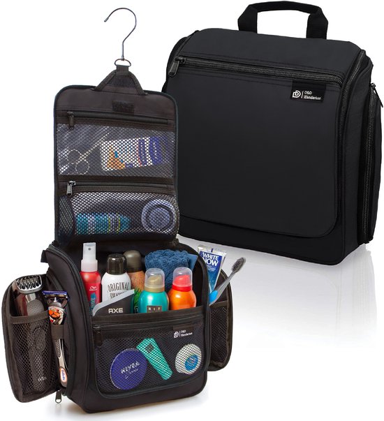 Trousse de toilette D&D Wanderlust avec crochet - Organiseur de voyage de luxe à suspendre avec 10 compartiments - Noir - Unisexe (femmes et hommes) - Capacité de 6 litres - Grande trousse de toilette de voyage à suspendre - Trousse à maquillage