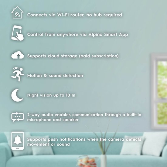 alpina Smart Home Wifi Camera - Full HD 1080p - Caméra de surveillance extérieure - Capteur de son et de mouvement - Vision nocturne - avec application - IP54 étanche à la poussière et à l'eau