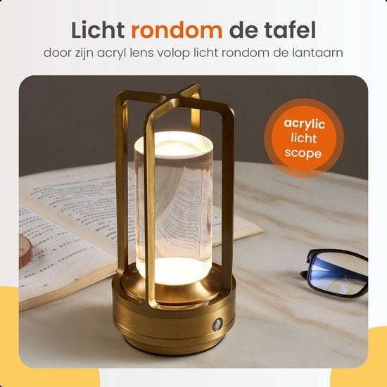 Goliving Lampe de table Rechargeable - Lanterne - Sans fil et dimmable - Lampe tactile moderne - Lampe de nuit pour chambre à coucher - 17.5 cm - Or