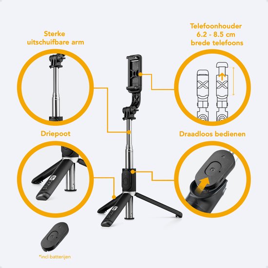 Studio ME Selfie Stick Universal - Trépied - Convient pour téléphone et caméra d'action - 100 cm - Selfie Stick - Rotation à 360° - Télécommande Bluetooth - Support de téléphone