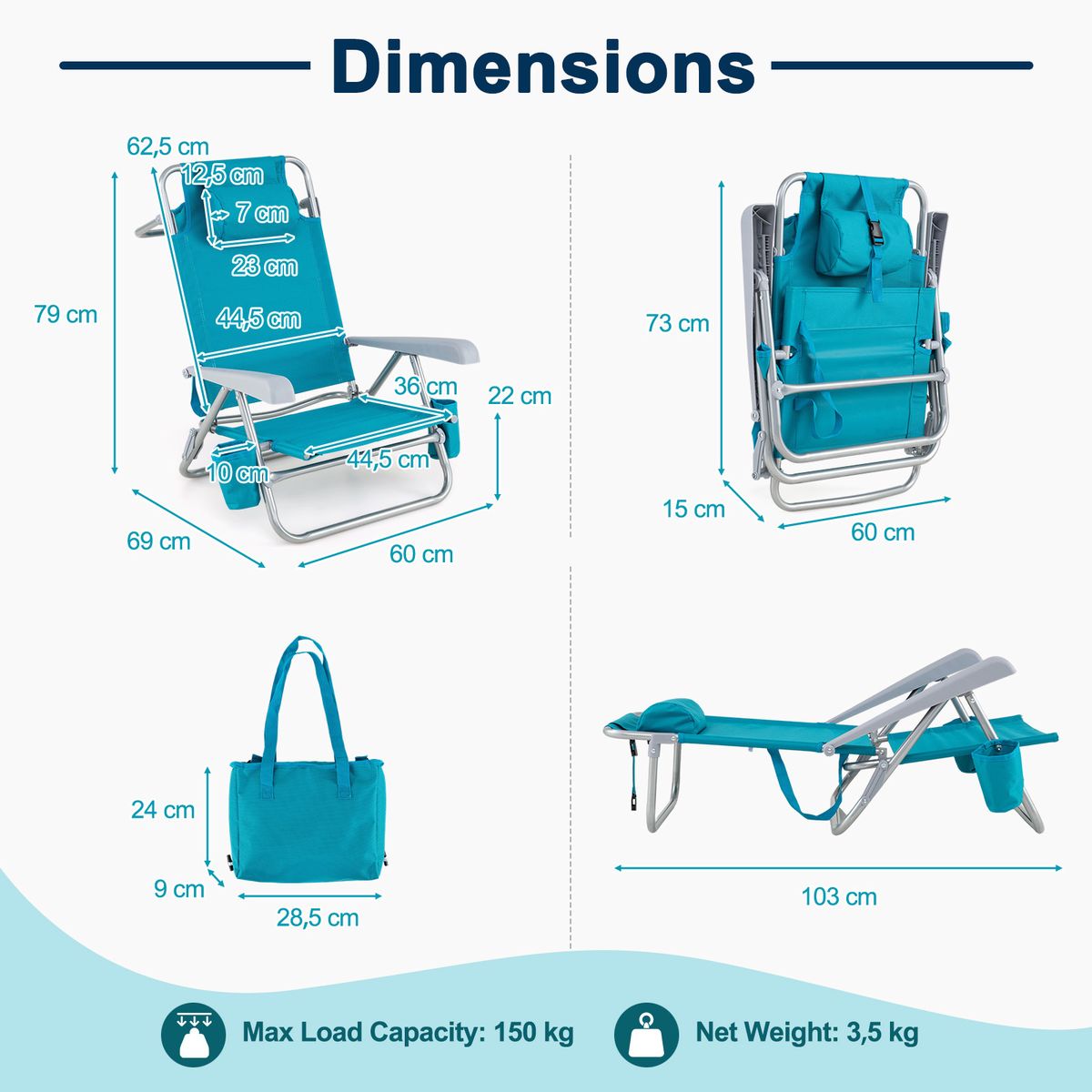 Ensemble de 2 chaises de plage Coast - pliables, avec dossier et appui-tête réglables - turquoise