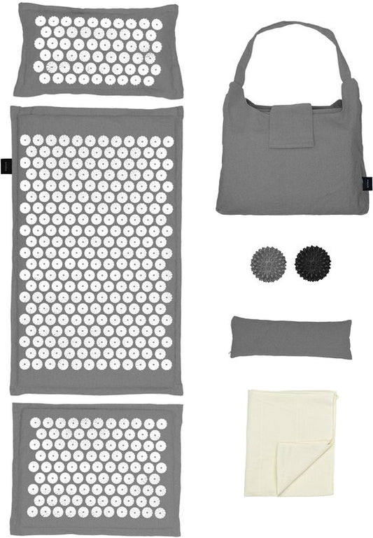 LifeGoods Acupressure Mat Eco - Set complet - oreiller / sac de transport / 2x Trigger Point Ball - Shakti mat - Nail Mat - 72x43x2cm - Gris/Blanc