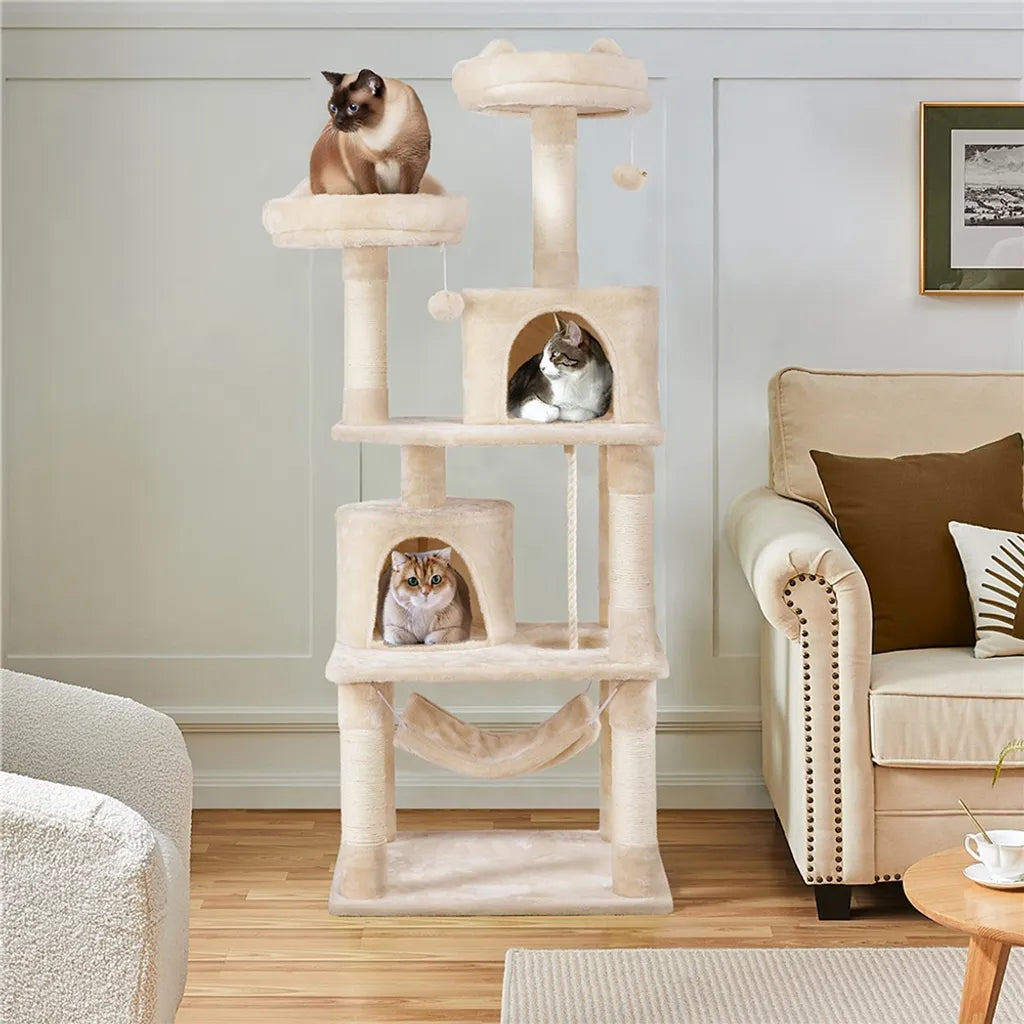 Yaheetech Scratch Post Beige - 158 cm de haut - Avec 2 plateformes, 2 maisons pour chats et 5 griffoirs en sisal
