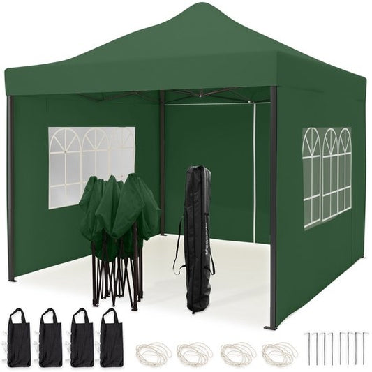 Chapiteau de jardin LifeGoods - 3x3 m - Pliable - Etanche - Parois - Sac de transport à roulettes - Vert foncé