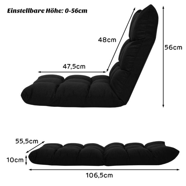 Fauteuil de sol réglable Coast – 14 positions d'inclinaison du dossier – 106,5 x 55,5 x 10 cm – Noir
