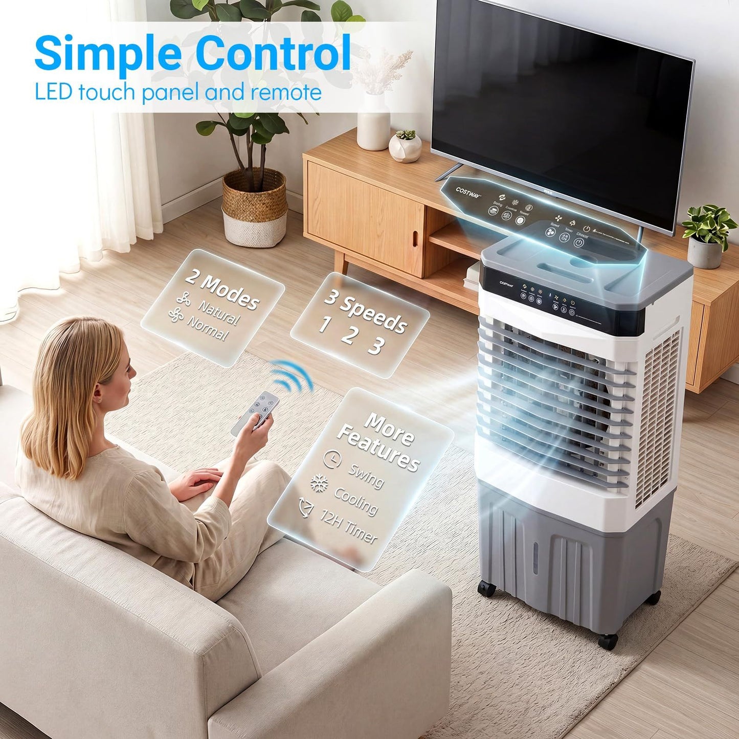 Ventilateur portable et refroidisseur d'air Coast avec télécommande - Réservoir d'eau de 27 L - 3 vitesses - 49 x 31 x 109 cm - Blanc/Gris