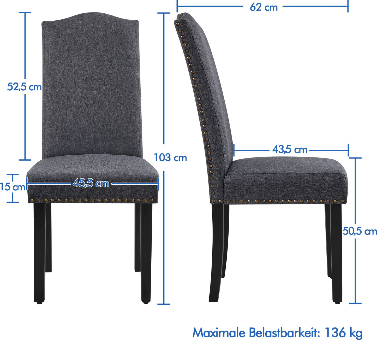 Yaheetech, lot de 2 chaises de salle à manger - Chaise de cuisine à dossier haut - Pieds en bois massif - 45,5 x 62 x 103 cm - Gris foncé