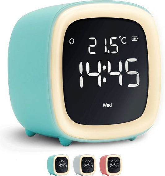 JustAnotherProduct AP18 - Réveil numérique rechargeable avec lumière (3 modes) - Réveil avec température (15,5°C à 50°C) - Réveil 12/24h - Veilleuse - Bleu clair