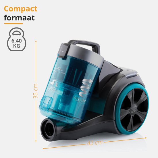 Aspirateur sans sac ETA Stellar avec moteur ECO et accessoires - 1,5 litre - portée 10 mètres - double filtre HEPA 10 et 12 - noir/bleu