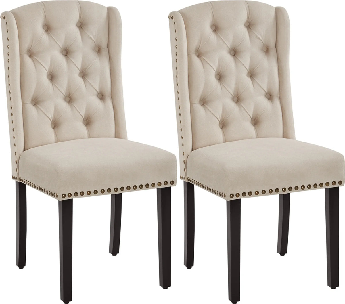 Lot de 2 chaises de salle à manger vintage rembourrées, avec pieds en bois et clous décoratifs, couleur beige