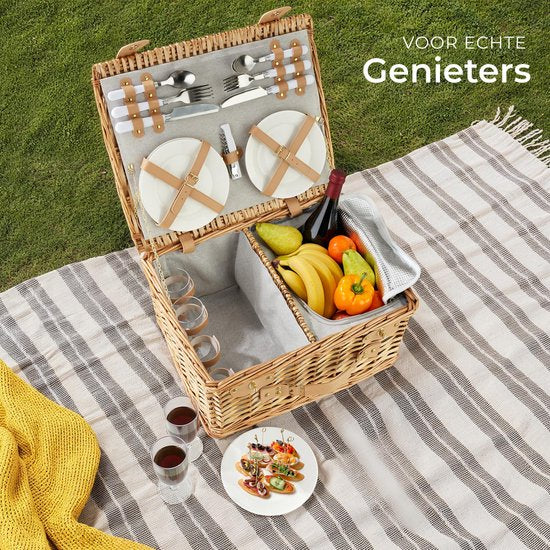 tectake® complete Picnic Basket Set Terschelling - Luxury 21-piece Picnic Set for 2 - Wicker Picnic Basket - Includes Cooler, Set with Plates, Plastic Wine Glasses and Stainless Steel Cutlery
