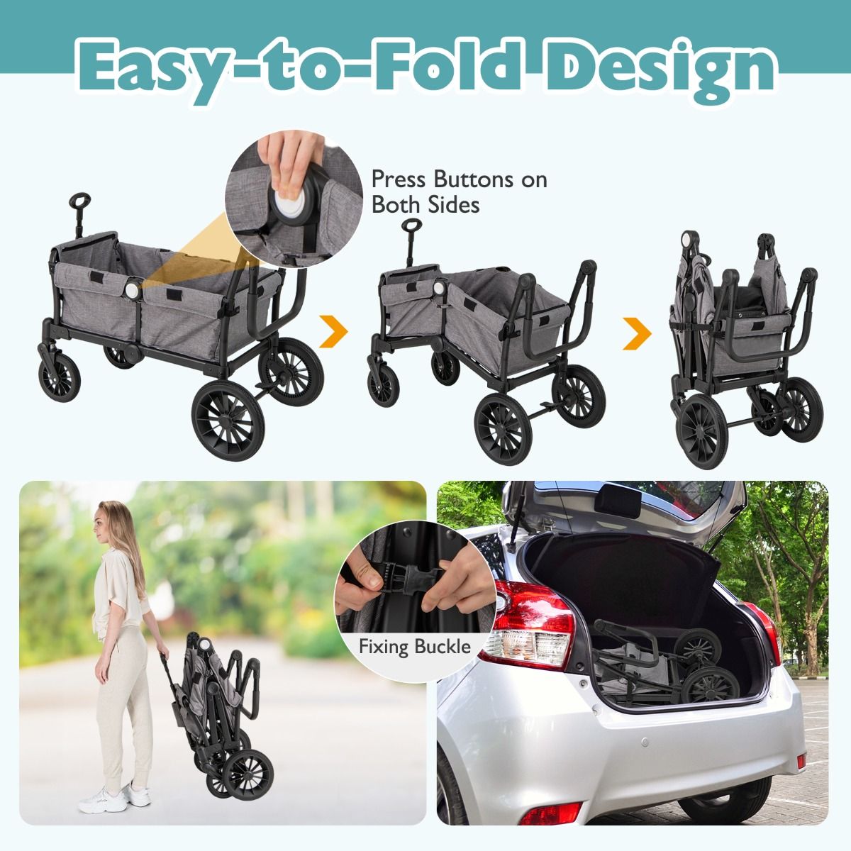 Coast 2-in-1 Foldable Geschwisterwagen - Gris - 104 x 57 x 107 cm - Poignée réglable et capuchon amovible