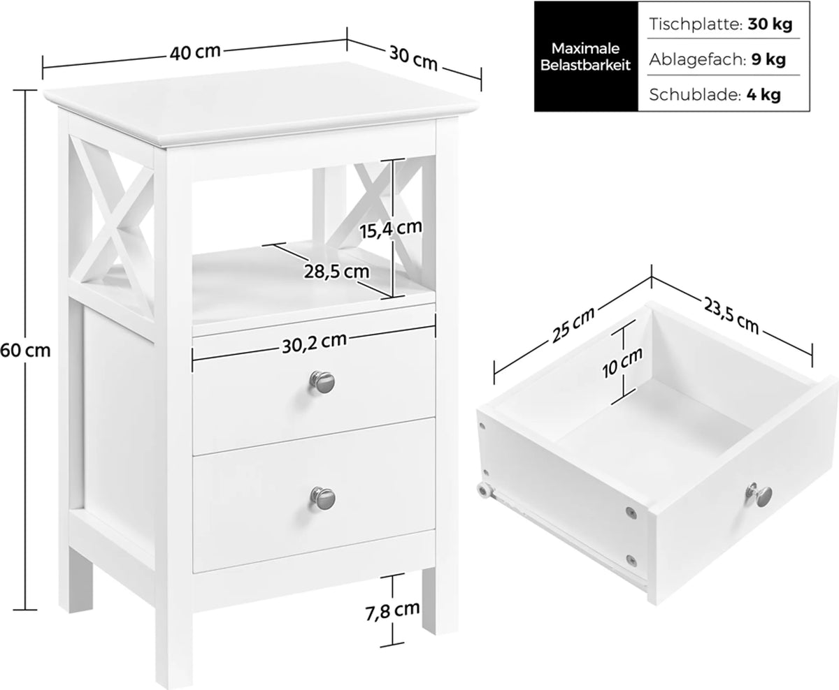 Table de chevet à 2 tiroirs et étagère ouverte, piètement métallique en forme de X, blanc, 40 × 30 × 60 cm