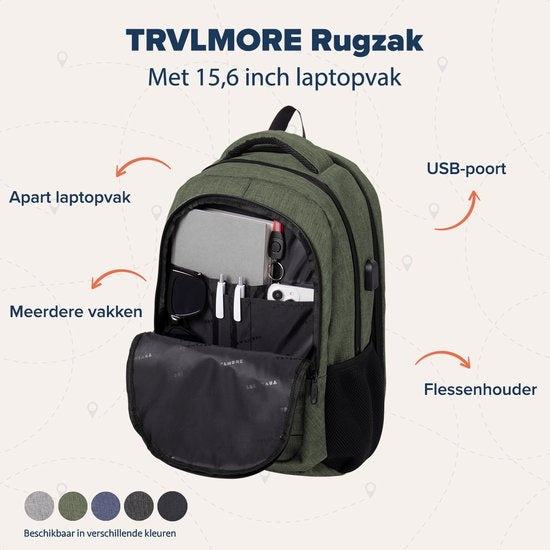 TRVLMORE Sac à dos - 28L - 15.6 inch - Sac à dos pour ordinateur portable - Sac d'école - Unisexe - Vert résistant aux éclaboussures