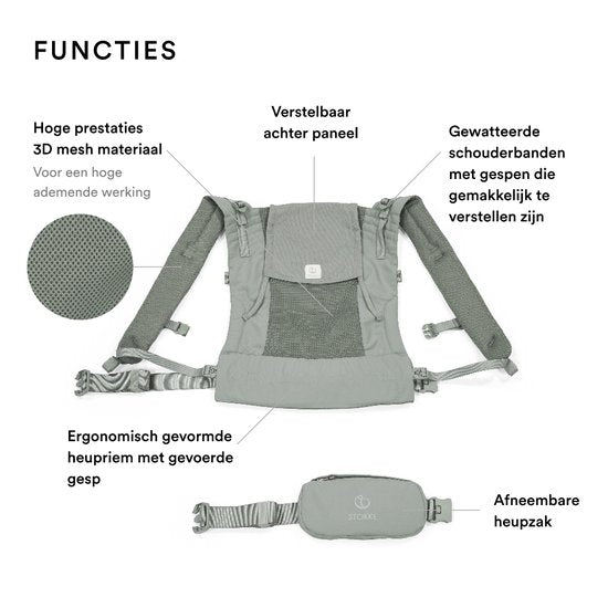 Stokke Limas Mesh, Glacier Green - Porte-bébé respirant fabriqué à partir de tissus de haute qualité - Convient aux bébés à partir de 1 mois / 4-15 kg - Comprend une pochette amovible pour les affaires indispensables