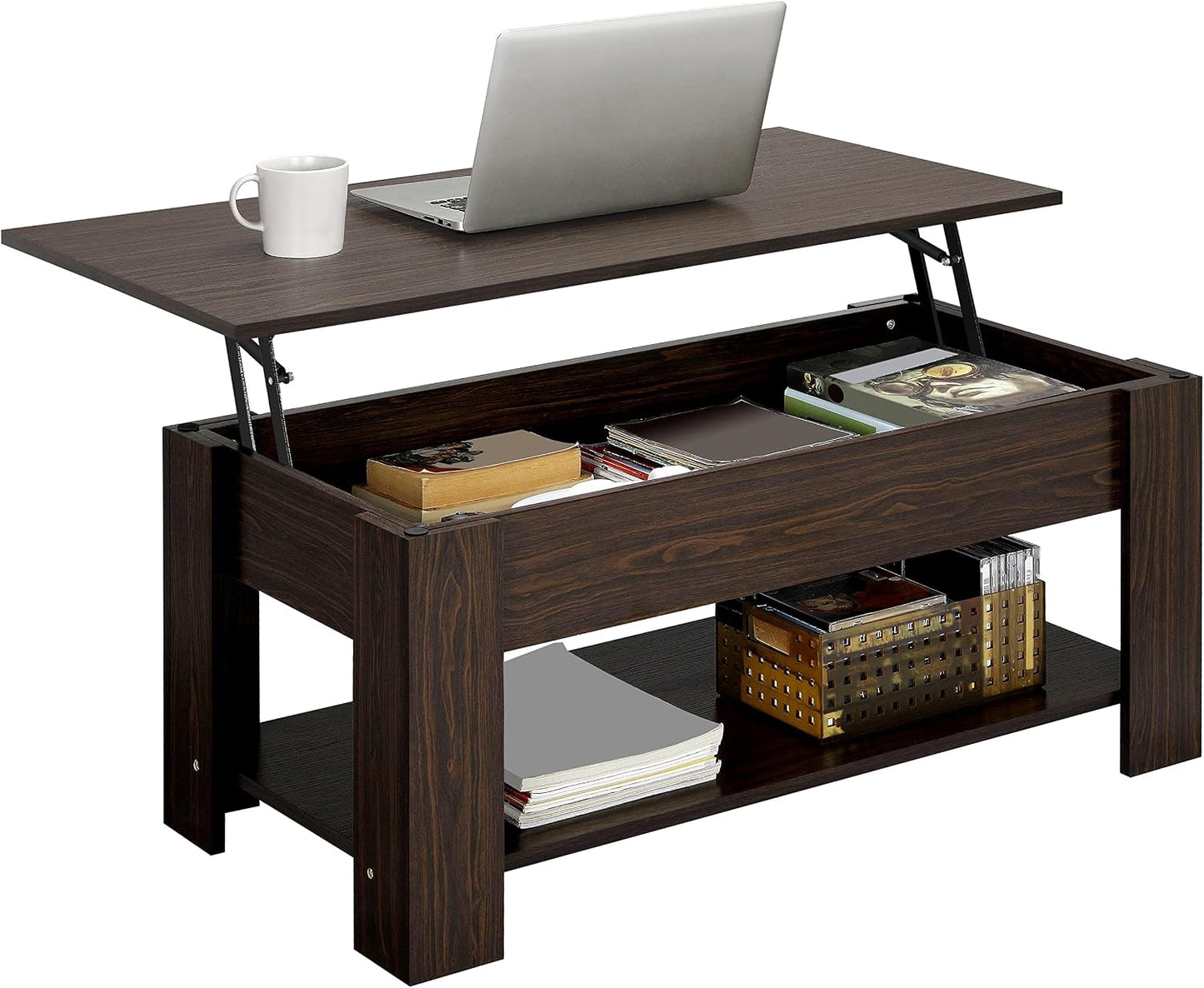 Table basse Yaheetech 98 x 50 x 41,8 cm - Marron - Réglable en hauteur - Plateau extensible - Avec espace de rangement