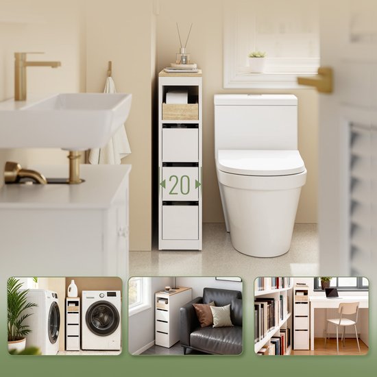 SoBuy Meuble de toilette 20 cm, meuble de salle de bain avec 3 tiroirs, petit meuble à papier toilette, étagère mobile pour salle de bain, toilettes et cuisine, blanc, 60 x 20 x 82,3 cm