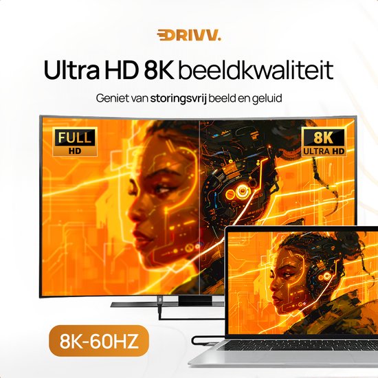 Drivv. Câble USB-C vers USB-C 4.0 - Gen 3 - Charge rapide 240 W - 8K 60 Hz - 40 Gbps - 2 mètres - Nylon - Noir