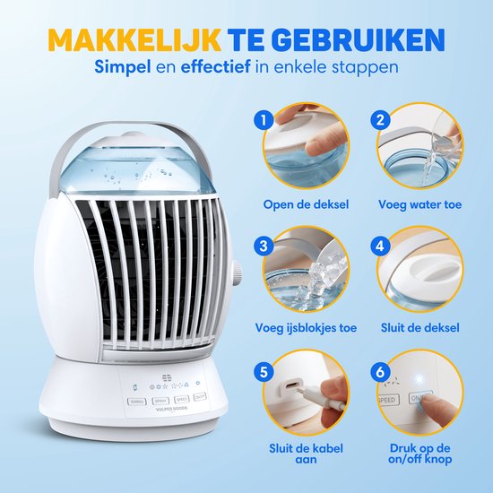 Vulpes Goods® Tech - Mini climatiseur ELITE - Refroidisseur d'air mobile avec télécommande - Refroidisseur d'air 6 en 1 - 3 modes d'humidification avec fonction oscillante - 3 vitesses de ventilation - 100 % anti-fuites - Câble et adaptateur fournis - Pou