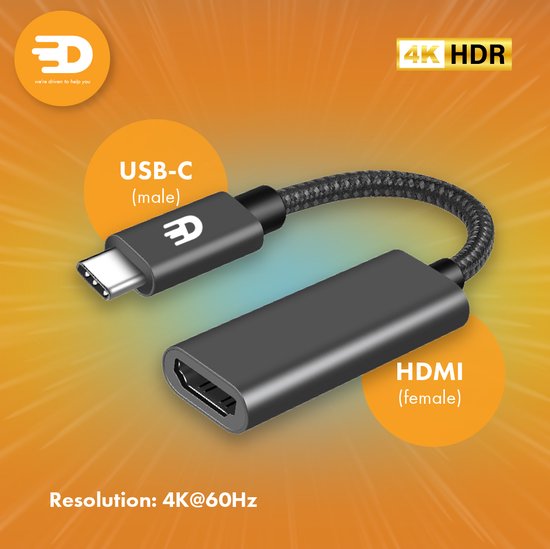 Drivv. Adaptateur USB C vers HDMI - Supporte 4K 60Hz - Thunderbolt 3 - Nylon - Gris