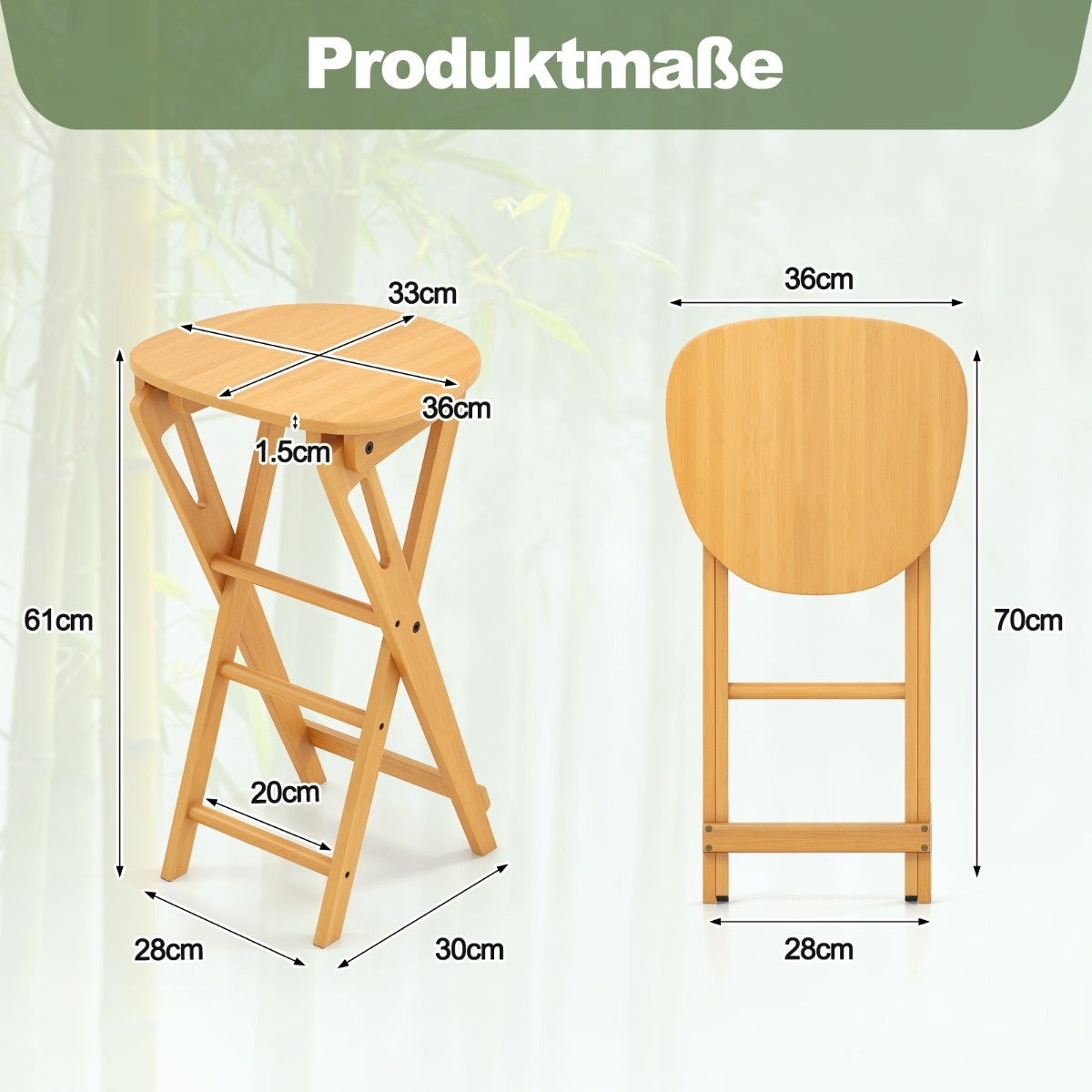 Coast 2 Set tabouret de bar pliant en bambou avec repose-pieds hauteur de chaise 61 cm naturel
