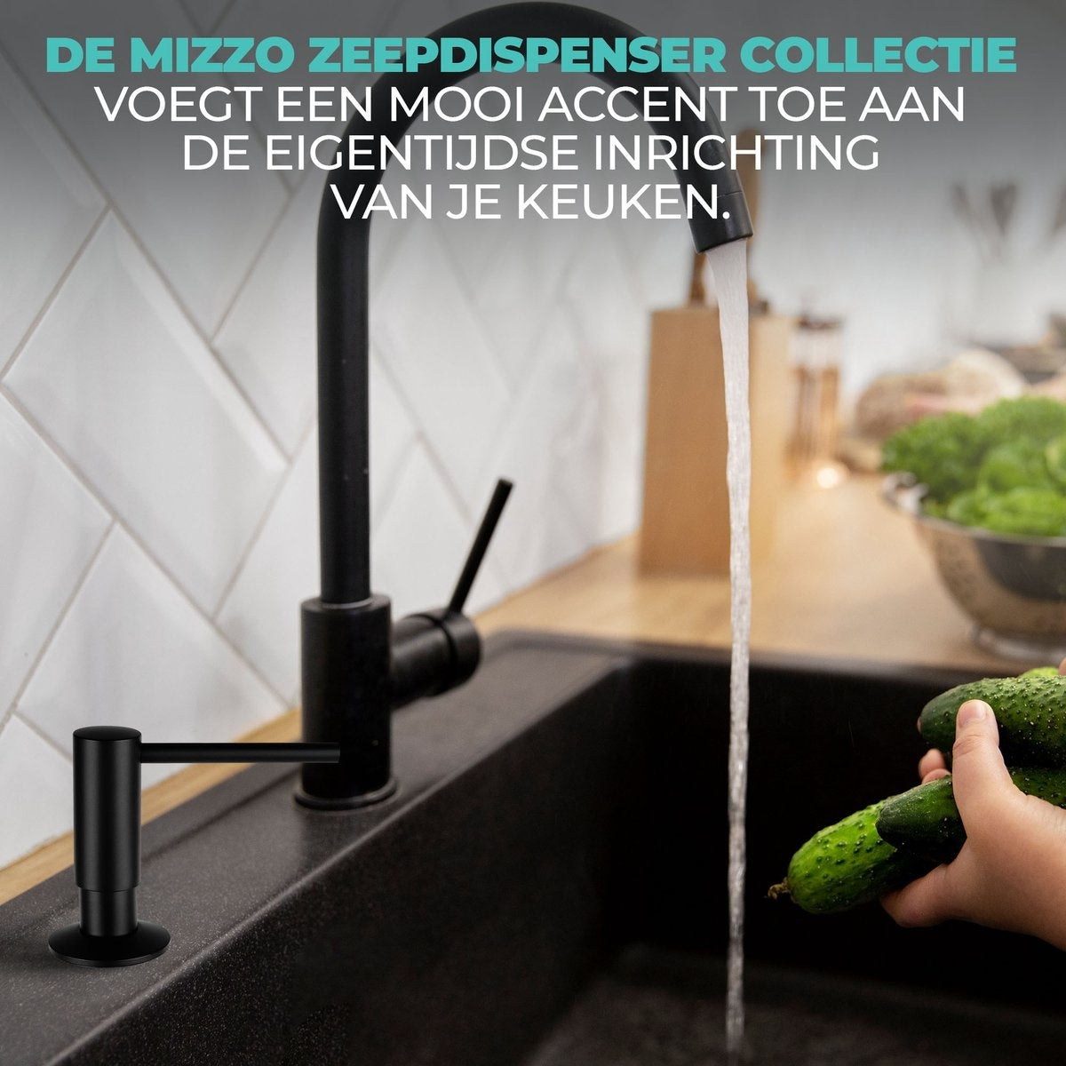Mizzo Distributeur de savon 300ML - Pompe à savon noire - Plateau de cuisine encastrable - Noir