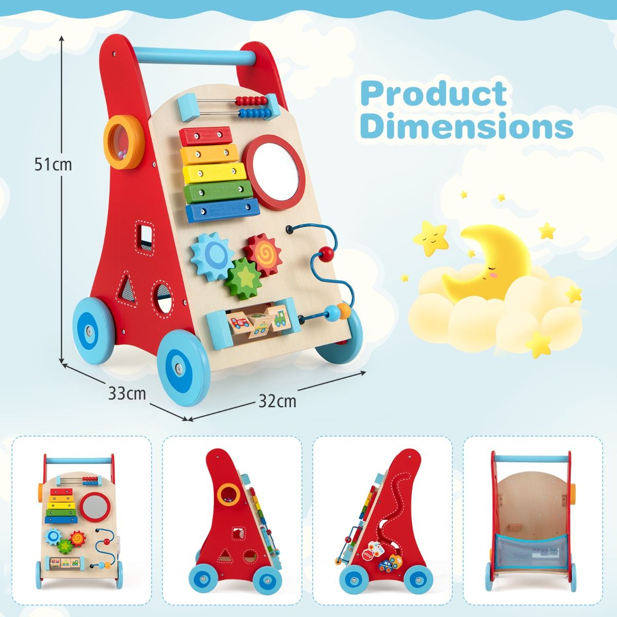 coast trotteur en bois pour enfants 3+ - poussette avec poignée et compartiment de rangement - multicolore - 33x32x51 cm