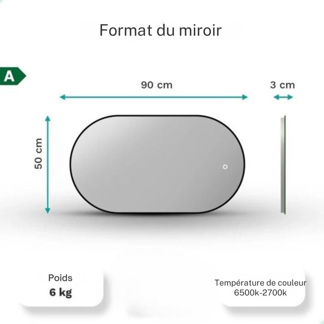 Miroir de salle de bain - Mirlux - avec éclairage LED et chauffage - ovale - anti-condensation - 90x50CM - noir