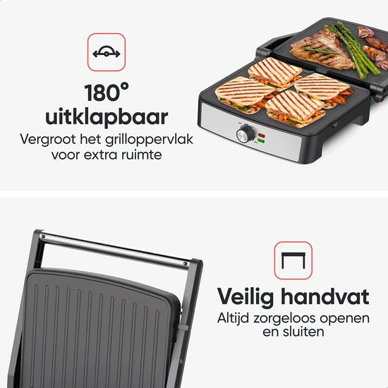 Kitchenwell Gril de contact - Appareil à griller - Appareil à toaster - Antiadhésif - Gril 3-en-1 -180 °C