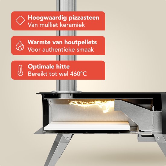 KitchenBrothers Four à Pizza - Au feu de bois - Table Top - Avec Couvercle Protecteur - Sans PFAS - Pliable - Pierre à Pizza - jusqu'à 460°C Pizza maker - Set complet - Four à Pizza pour l'extérieur - Noir/RVS