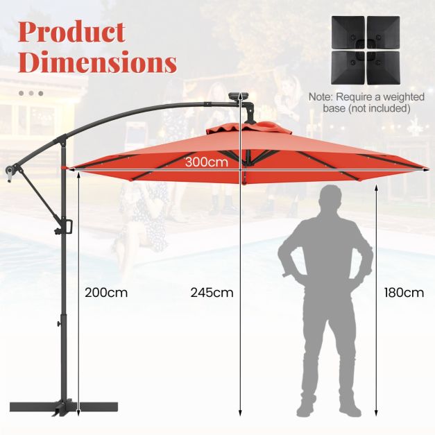 Coast 300 cm parasol orange avec télécommande - solaire - 32 LEDs