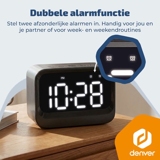 Réveil numérique Denver - Haut-parleur Bluetooth - Double alarme - Ecran LCD - EC54B - Noir