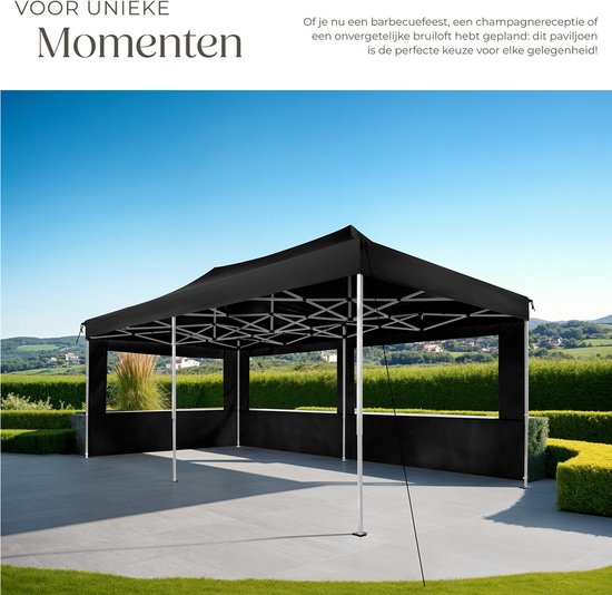 Pavillon pliable tectake® - Pliable et imperméable - Pavillon de jardin avec 4 panneaux latéraux - S'accompagne de piquets, de cordes de tension et d'un sac de rangement - Auvent de terrasse, tente de fête - 6 x 3 m - Noir