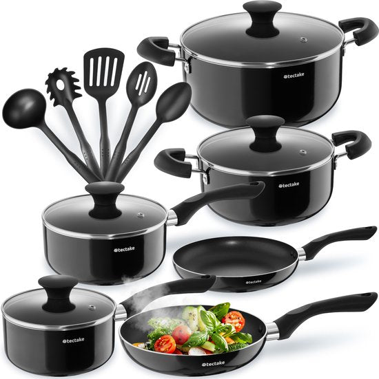 tectake® Ensemble de casseroles 15 pièces - Aluminium avec couvercles en verre - ustensiles inclus - Noir