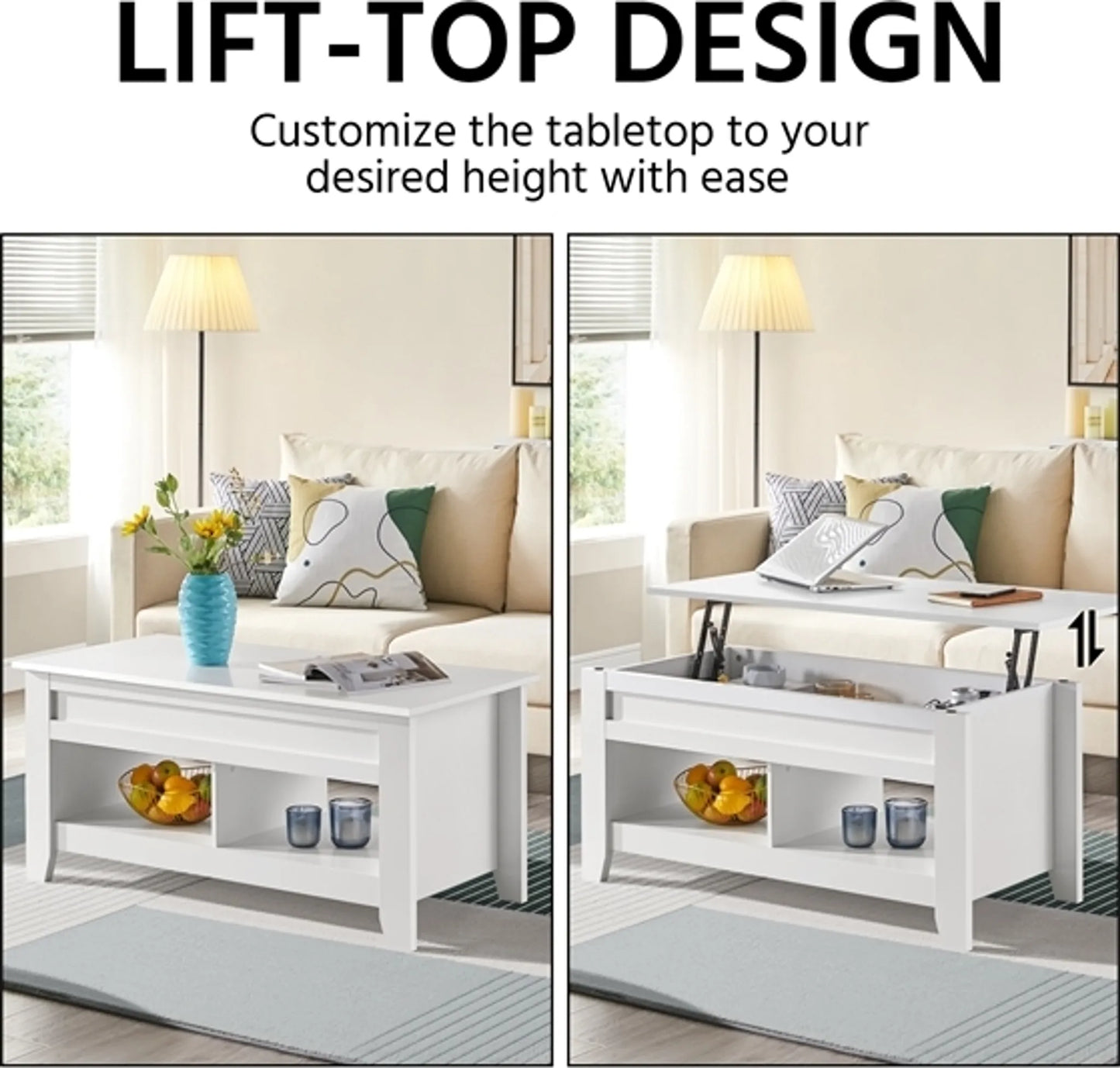 Yaheetech Table basse à plateau relevable - avec rangement caché et deux étagères ouvertes et mécanisme à ressort - pour salon et petits espaces - Mdf blanc et métal - 104.5 x 49.5 x 49-61.5 cm