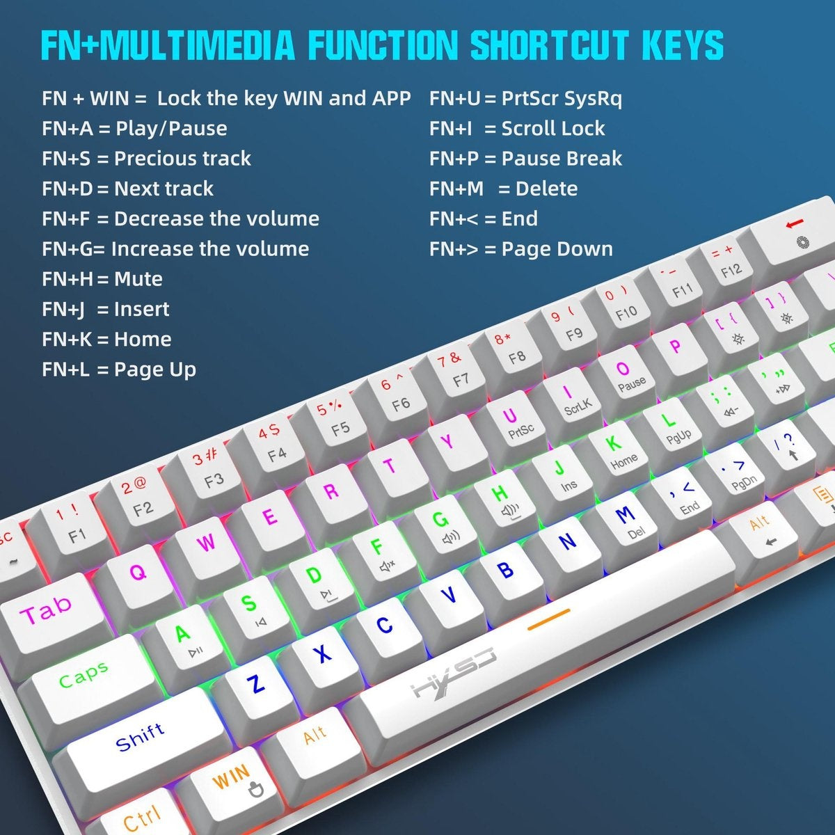 HXSJ V900 - Wired Mechanical Gaming Keyboard - RGB Lighting - Ergonomic - QWERTY - 61 Keys - Blue Switch - White