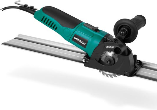 VONROC Mini scie circulaire / scie plongeante 500W - Ø85mm - Avec rail de guidage - Vitesse variable - 3 lames de scie incluses