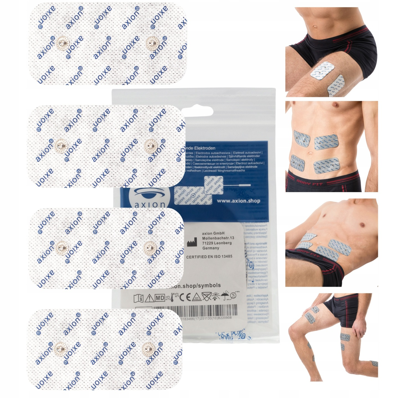 axion - Électrodes pour Compex | Double Snap | 10×5 cm | Blanc/Gris