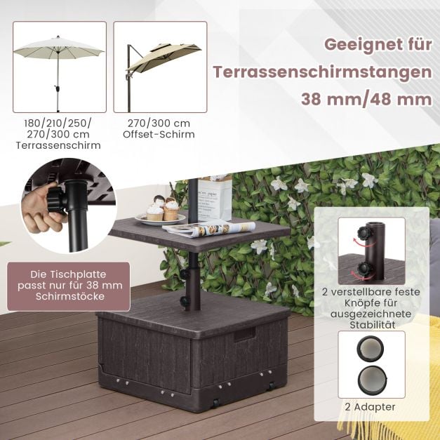 Pied de parasol 3-en-1 Coast avec plateau et roulettes – Pied de parasol remplissable pour Ø 38/48 mm – Noir/Marron