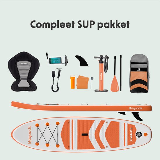 LifeGoods PaddlePro SUP Board - avec siège - Planche à pagaie gonflable - Ensemble complet - Max. 135KG - 320x81cm - Blanc/Orange