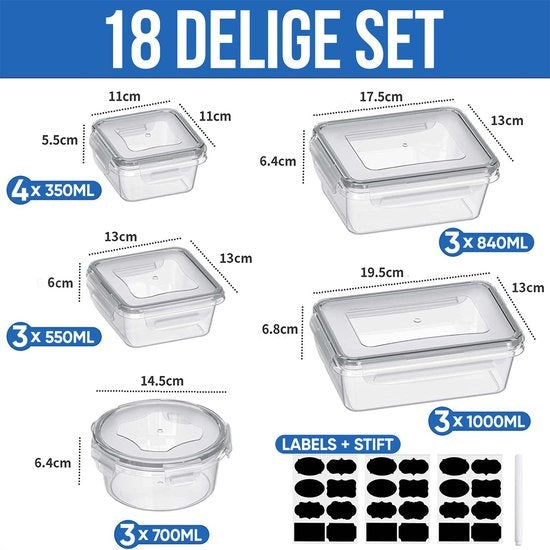 Récipients de conservation Strex - avec couvercle - plastique - Ensemble de 18 pièces - Transparent