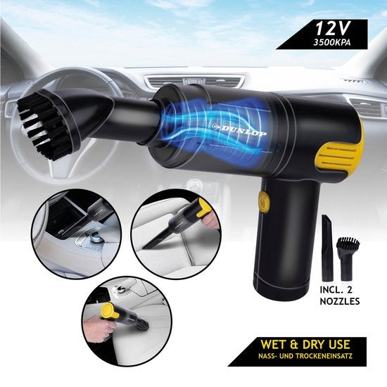 Dunlop Auto Stofzuiger - 12V Aansteker Aansluiting - Nat en Droog - Spleet- en Borstelmondstuk - 3 Meter Kabel - Auto Accessories - Zwart/Geel