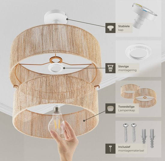 tectake® Plafonnier style Boho- Lampe pendante avec abat-jour en jute - 40W
