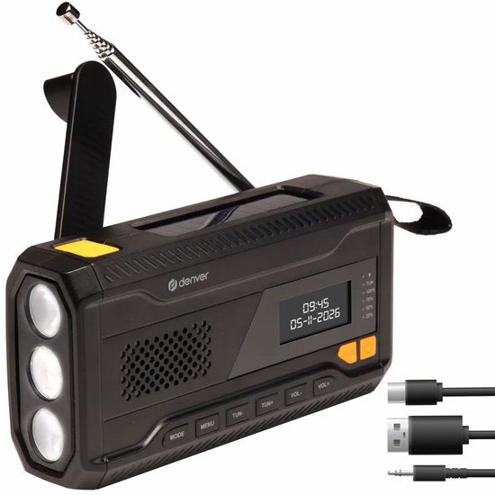 Radio d'urgence Denver - Batterie externe solaire - Radio DAB et FM - Kit d'urgence - Lampe de poche - À remonter - Lumière SOS - Batterie externe solaire - SCD2033
