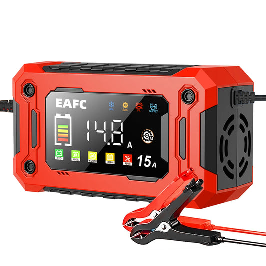 Chargeur de batterie automobile Eafc 12 V 15 A - Grand écran HD - Réparation par impulsions - Batteries au lithium, AGM, plomb-acide et gel