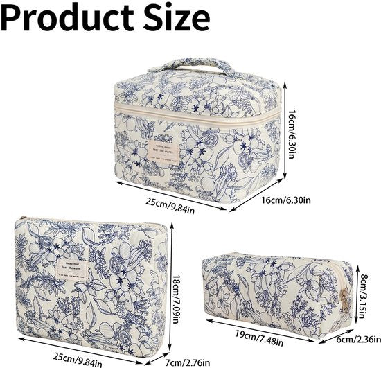 Skycases Travel Essentials - Trousse de maquillage 3 pièces - Coton écologique - Organisateurs floraux matelassés - Spacieuse, durable et idéale pour les voyages