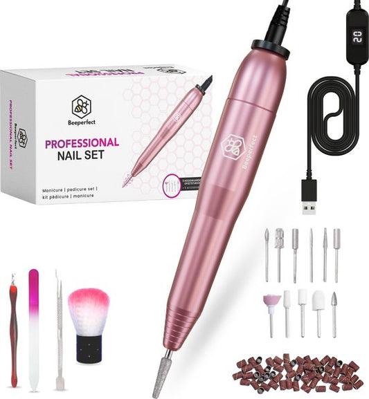 Beeperfect® Lime à ongles électrique - Routeur d'ongles - Ensemble manucure et pédicure - 12 embouts et 60 rouleaux de ponçage - 4 accessoires supplémentaires - Rose